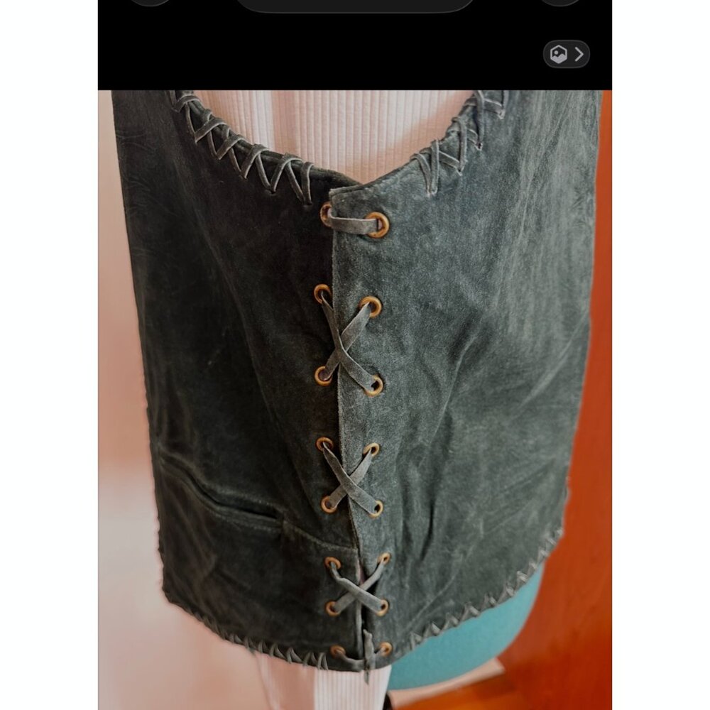 Green Genuine Suede-Leather Vintage Whip-Stitch Vest boho 80s biker unisex M - Picture 6 of 15